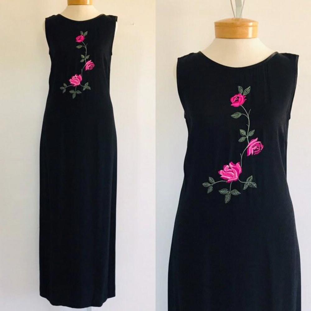 Vintage 90s Floral Maxi Dress, Black With Rose Design, Made In Usa